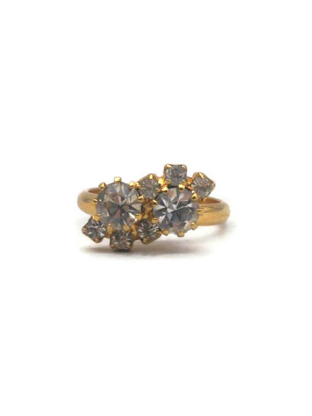 Vintage Gold Tone and Clear Rhinestones Size 5 Adjustable Ring.